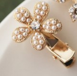 韩国饰品 蝴蝶结花朵刘海夹 珍珠镶钻边夹/发夹