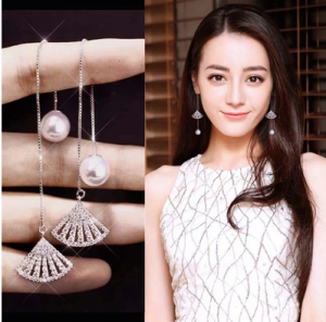 @特价  韩国气质长款耳环扇形女流苏耳饰品珍珠耳钉夸张网红耳坠