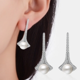 S925银针韩国锆石锥形长款珍珠满钻高级感耳钉