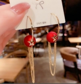 S925银针韩国高级感珍珠气质网红长款流苏红珠个性耳环耳饰品