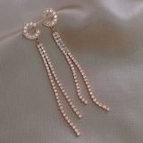  韩国气质长款流苏满钻字母网红显脸瘦耳坠耳钉