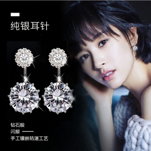 S925银针韩国个性时尚闪亮后挂式3克拉锆石闪耀耳钉女