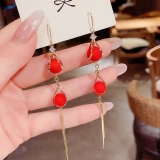 韩国水滴流苏时尚百搭网红气质珍珠红色耳环女