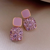 @特价@韩国紫色复古方块满钻滴油新款潮气质网红耳钉女