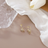 【真金电镀】 韩国优雅百搭金属花朵耳钉缠绕S形微镶锆石花朵耳环耳饰