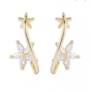 【真金电镀】 韩国优雅百搭金属花朵耳钉缠绕S形微镶锆石花朵耳环耳饰