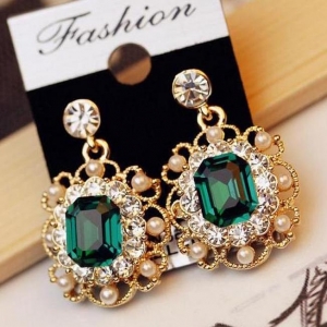 韩国复古宫廷款镶钻珍珠时尚璀璨水晶方形耳钉耳环