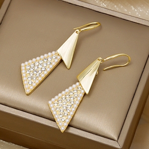 银耳钩韩国双层三角形镶钻珍珠时尚高级感网红百搭耳环耳饰
