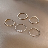 韩国五件套轻奢珍珠小众设计简约ins潮网红素圈食指尾戒戒指女