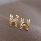 S925银针韩国满钻H字母ins小众设计新款潮高级感时尚网红耳钉耳饰