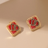 【真金电镀】韩国红色方块镶锆石设计感DO字母耳钉耳饰女