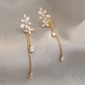 【真金电镀】 韩国镶锆石时尚气质长款流苏吊坠耳环耳饰女