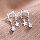 S925银针韩国闪钻猫咪可爱甜美镶钻星星小巧气质设计感耳钉耳饰女