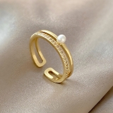 【真金电镀】韩国简约设计感珍珠开口可调节几何形食指戒个性戒指女