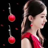 【真金电镀】S925银针韩国红色珍珠长款网红2021新款潮一款两戴耳钉耳饰