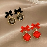 @特价韩国小众设计黑色蝴蝶结2021新款潮复古轻奢气质耳钉耳饰女