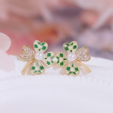  韩国时尚简约镶钻绿色格子四叶草精致小巧百搭耳钉耳饰女