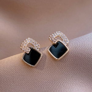 @特价韩国微镶锆石黑色方形新款小巧精致高级感气质耳钉耳饰