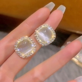 @特价 韩国水钻镶边猫眼石小巧高级感2022年新款女气质耳钉耳饰