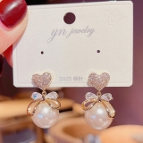 @特价韩国时尚百搭微镶锆石桃心蝴蝶结珍珠气质优雅耳钉耳饰