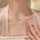 韩国夏季珍珠双层爱心轻奢高级设计感小众锁骨链
