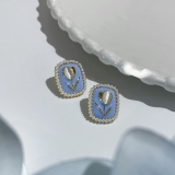 S925银针韩国法式轻奢高级感猫眼石郁金香蓝色方形珍珠气质耳钉耳饰【环保】