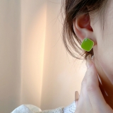 S925银针韩国绿色2022年新款潮方形夏小众设计感高级感网红耳钉耳饰
