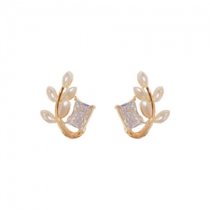 【真金电镀】 气质时尚简约方糖锆石珍珠树叶轻奢小众设计耳钉耳饰【环保】