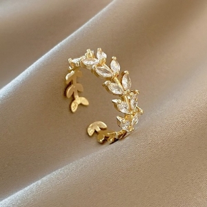 @特价【真金电镀】韩国高级感水晶树叶小众设计感轻奢ins潮冷淡风戒指【环保】