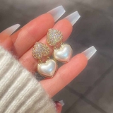 S925银针韩国时尚珍珠水钻双爱心新款潮气质网红耳钉耳饰女