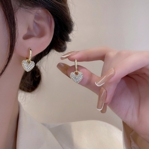 S925银针韩国满钻爱心轻奢气质小众设计感高级心形耳扣耳环