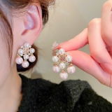 S925银针韩国方形锆石珍珠流苏气质小众轻奢高级设计感耳钉耳饰