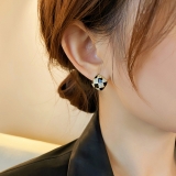 S925银针韩国黑白棋盘格镶钻轻奢小众气质高级设计感耳钉耳饰