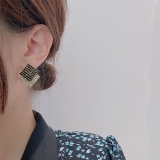 S925银针韩国方形几何黑白菱形满钻气质轻奢小众高级设计感耳钉耳饰
