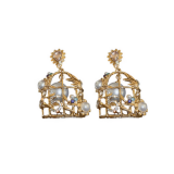 韩国镶钻数字鸟笼珍珠时尚气质小众轻奢高级设计感小众耳钉耳饰