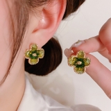 S925银针韩国小清新绿色水晶花朵时尚轻奢小众气质高级设计感耳钉耳饰