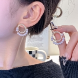 S925银针韩国镶钻圆圈珍珠气质轻奢小众个性时尚高级设计感耳钉耳饰