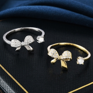 【真金电镀】韩国时尚微镶锆石蝴蝶结优雅甜美百搭开口戒指【环保】