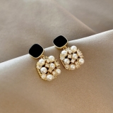 S925银针韩国简约几何珍珠镶钻轻奢小众气质高级设计感耳钉耳饰