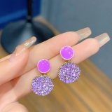 S925银针韩国紫色镶钻轻奢几何圆圈滴油欧美时尚高级设计感耳钉耳饰