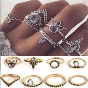 韩国简约欧美速卖通复古皇冠钻石8件套戒指套装