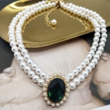 韩国简约复古优雅气质珍珠镶钻双层串珠百搭法式高级设计感锁骨项链耳钉
