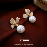 S925银针韩国简约超仙轻奢时尚镶钻花朵珍珠小众气质高级设计感耳钉耳饰