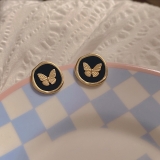 韩国简约复古黑色圆形蝴蝶小众高级设计感耳钉耳饰