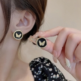 S925银针韩国简约复古黑色圆形蝴蝶小众高级设计感耳钉耳饰