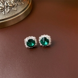 S925银针韩国简约时尚复古祖母绿镶钻轻奢小众气质高级设计感耳钉耳饰