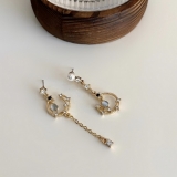 韩国简约不对称珍珠猫眼石镶钻月亮镂空流苏轻奢小众气质耳钉耳饰