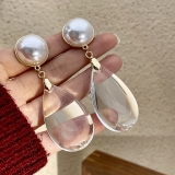 S925银针韩国简约欧美夸张大珍珠透明水滴形复古个性气质时尚耳钉耳饰