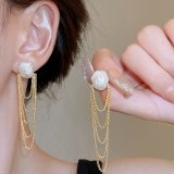 S925银针韩国珍珠链条流苏气质时尚轻奢高级设计感耳钉耳饰