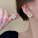 S925银针韩国简约珍珠十字架方形小巧精致时尚轻奢小众高级设计感耳钉耳饰